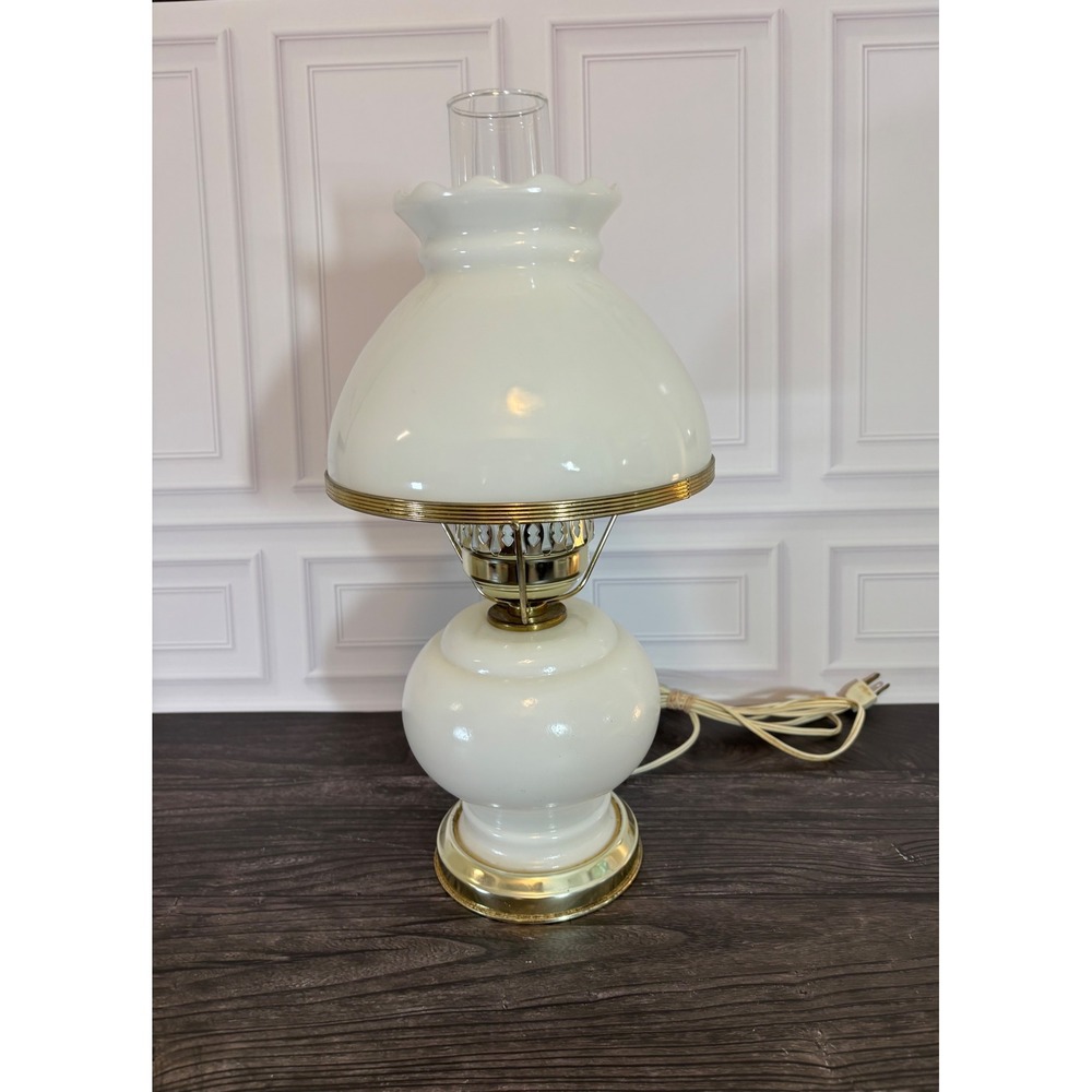 Vintage Milk Glass Hurricane Lamp White Brass Electric Table Light 17.5 Inch